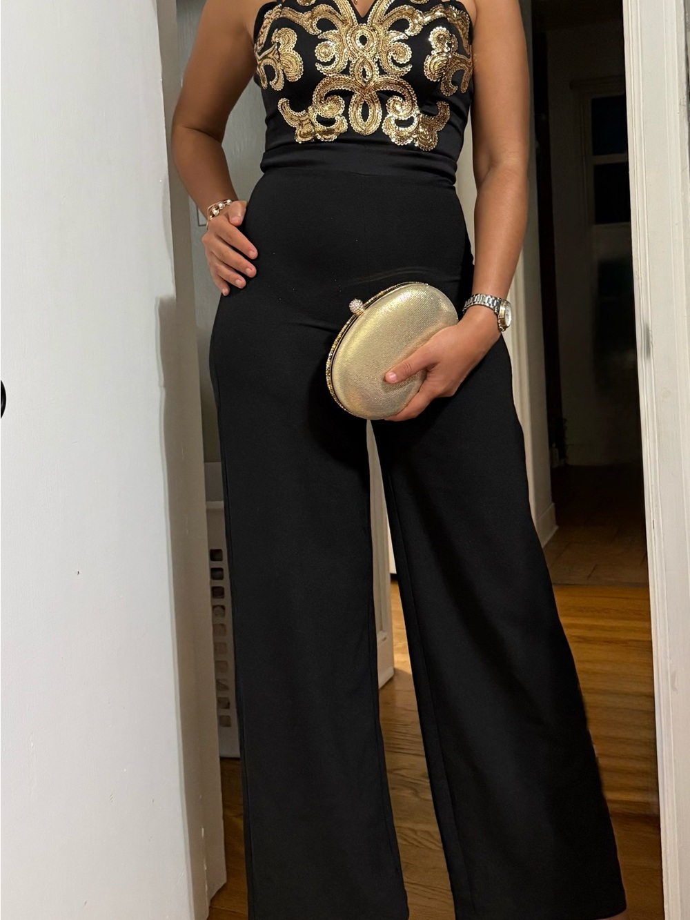 Lipsy Black Wide-Leg Jumpsuit with Gold Embellished Bodice